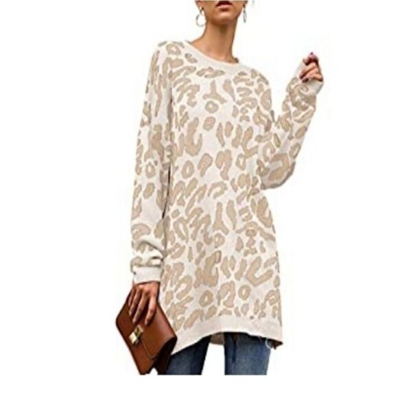 Vestidos Ladies  Khaki White Leopard Print Oversized  Crew Neck Sweater sz Med - Picture 2 of 13